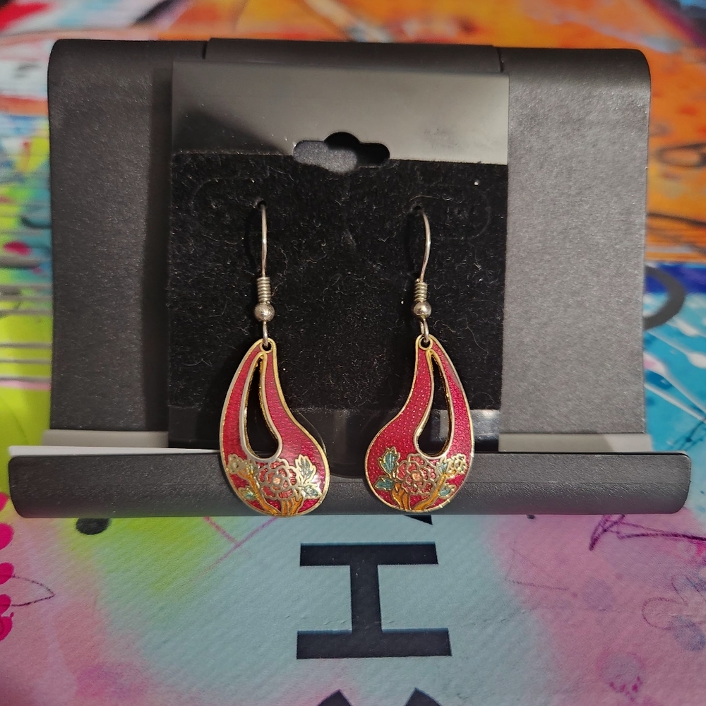Vintage Cloissane Red And Goldtone Floral Drop Earrings